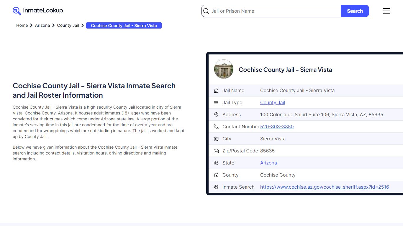 Cochise County Jail - Sierra Vista (AZ) Inmate Search Arizona - Inmate ...